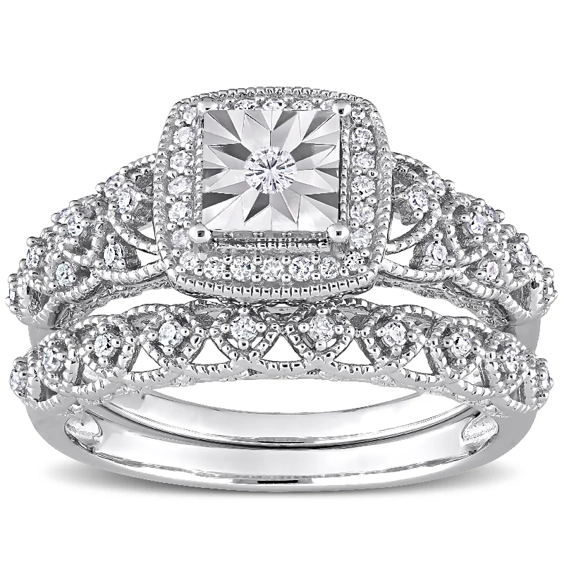 Women's Diamond Rings with Amethyst and Diamond Combinations for a Purple - Hued EleganceMiadora 1/3ct TDW Diamond Cushion Halo Bridal Ring Set in Sterling Silver Women's Diamond Rings with Amethyst and Diamond Combinations for a Purple - Hued EleganceMiadora 1/3ct TDW Diamond Cushion Halo Bridal Ring Set in Sterling Silver