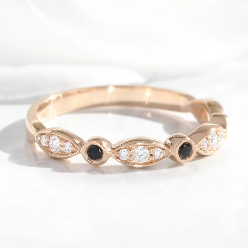 Channel - Set Women's Diamond Rings with Diamonds Securely Held in a Metal Groove for DurabilityWhite and Black Diamond Ring in Scalloped Bezel Wedding Band Channel - Set Women's Diamond Rings with Diamonds Securely Held in a Metal Groove for DurabilityWhite and Black Diamond Ring in Scalloped Bezel Wedding Band