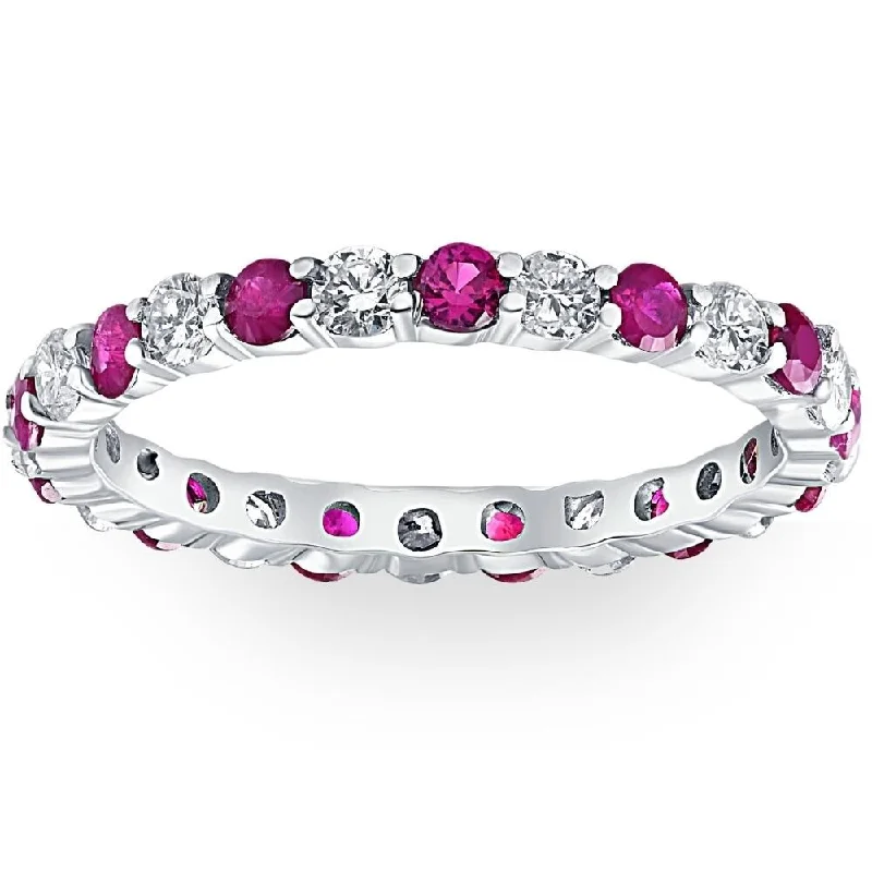 Women's Diamond Rings with Side - Stone Pave Setting for a Sparkling and Continuous Shine1 cttw Ruby & Diamond Wedding Eternity Stackable Ring 10k White Gold Women's Diamond Rings with Side - Stone Pave Setting for a Sparkling and Continuous Shine1 cttw Ruby & Diamond Wedding Eternity Stackable Ring 10k White Gold