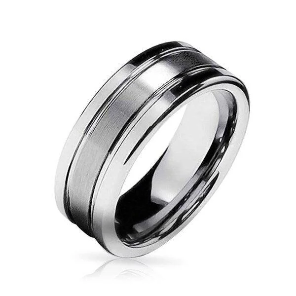 Men's emerald - encrusted rings for a rich green toneTungsten Satin-Finish Grooved Wedding Ring with Polished Edges | 8mm Men's emerald - encrusted rings for a rich green toneTungsten Satin-Finish Grooved Wedding Ring with Polished Edges | 8mm