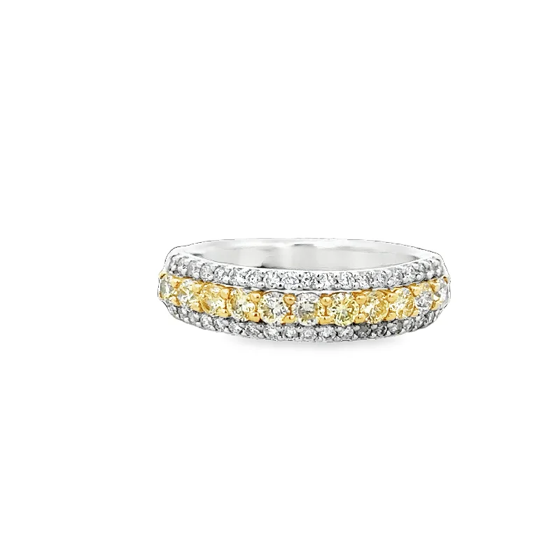 Three - stone diamond engagement ring in rose gold, symbolizing past, present, and futureYellow and White Diamond Band in White Gold Three - stone diamond engagement ring in rose gold, symbolizing past, present, and futureYellow and White Diamond Band in White Gold