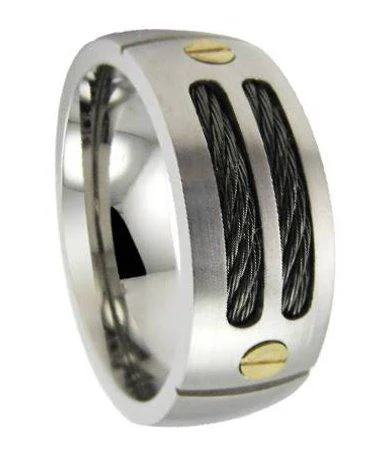 Men's spinning rings for fidget - friendly useMens Titanium Black Cable Ring with Satin Finish and 18K Gold Screws| 9mm