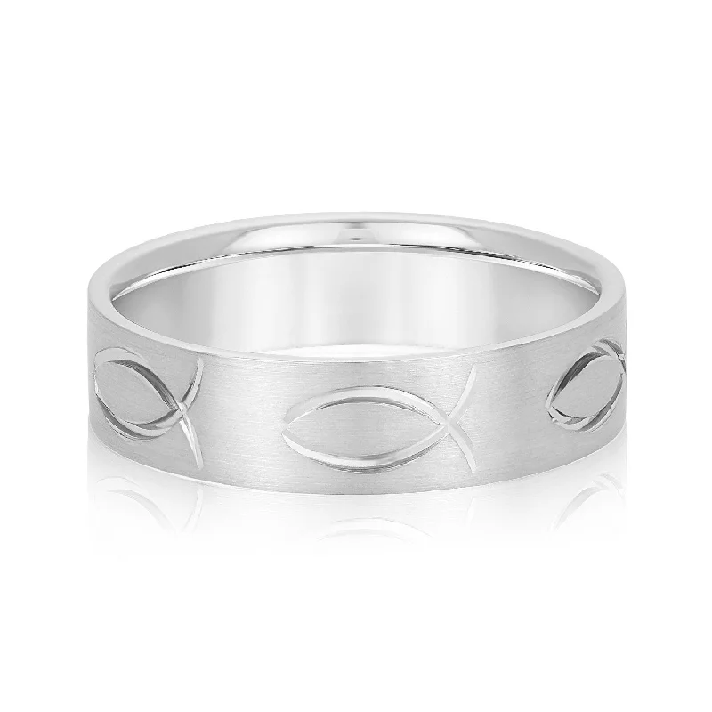 Men's classic silver wedding rings with simple bandsIchthus Jesus Fish Inspired Men's Wedding Band