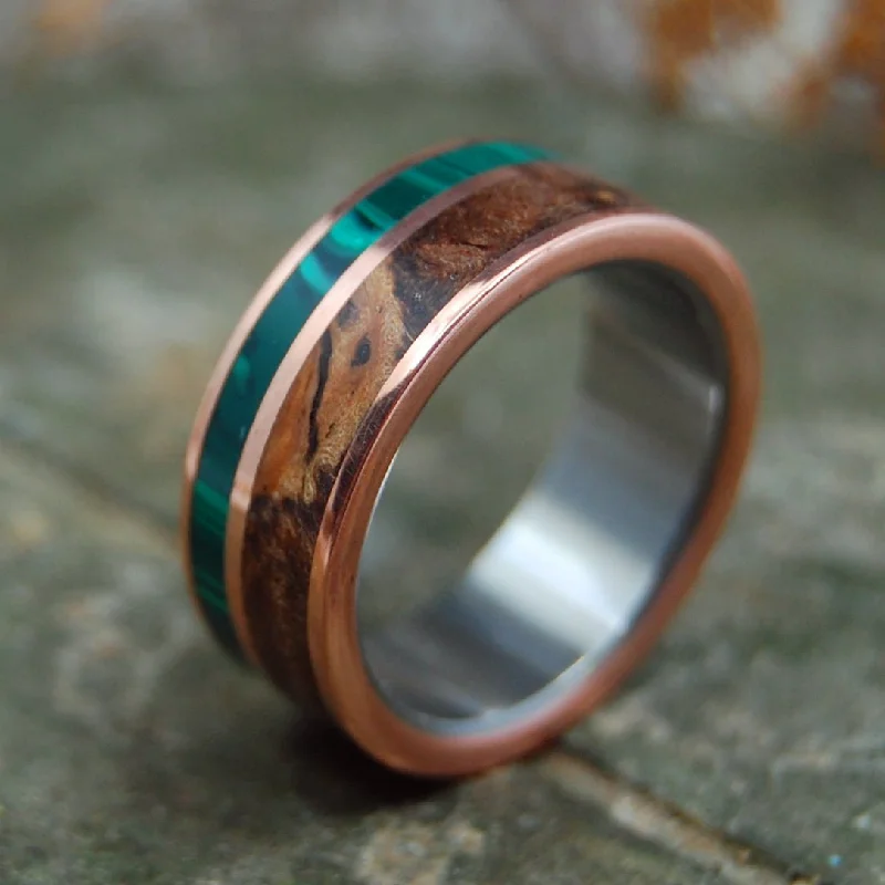 Men's Viking - inspired rings with ancient symbolsCopper Light | Men's Titanium, Spalted Maple, & Malachite Stone Wedding Ring