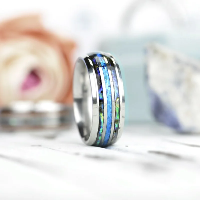 Men's polished brass rings with a warm glowOcean Breeze Ring Blue Opal and Abalone Shell Men's polished brass rings with a warm glowOcean Breeze Ring Blue Opal and Abalone Shell