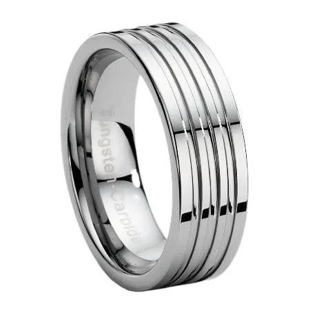 Men's anti - allergy rings for sensitive skinTungsten Wedding Band with Three Grooves-8mm Men's anti - allergy rings for sensitive skinTungsten Wedding Band with Three Grooves-8mm