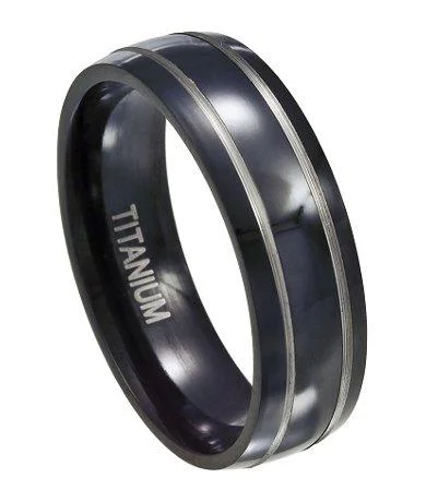 Men's budget - friendly rings for cost - conscious shoppersMen's Black Titanium Band with Silver Bands and Polished Finish | 7mm Men's budget - friendly rings for cost - conscious shoppersMen's Black Titanium Band with Silver Bands and Polished Finish | 7mm