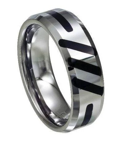 Men's sports - team logo rings for fansTungsten Ring With Black Enamel Abstract Slashes-8mm Men's sports - team logo rings for fansTungsten Ring With Black Enamel Abstract Slashes-8mm