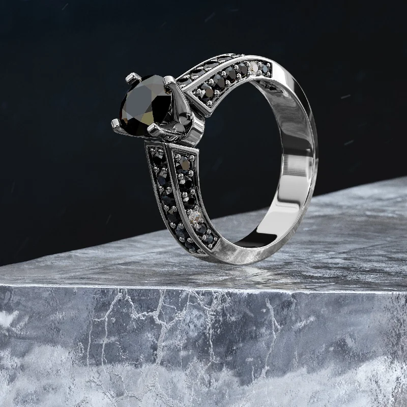 Cushion - Cut Women's Diamond Rings in Platinum with a Soft and Romantic AppearanceBow-Tie Art Deco Natural Black & White Round Diamond Ring Cushion - Cut Women's Diamond Rings in Platinum with a Soft and Romantic AppearanceBow-Tie Art Deco Natural Black & White Round Diamond Ring