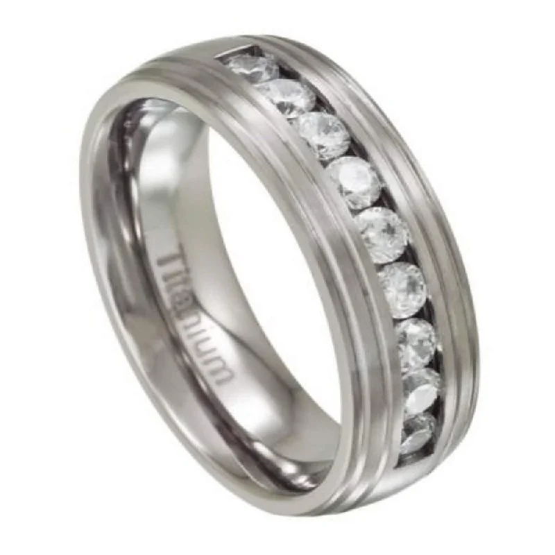 Men's polished brass rings with a warm glowMen's Titanium Wedding Band with 9 Channel Set CZs | 8mm Men's polished brass rings with a warm glowMen's Titanium Wedding Band with 9 Channel Set CZs | 8mm