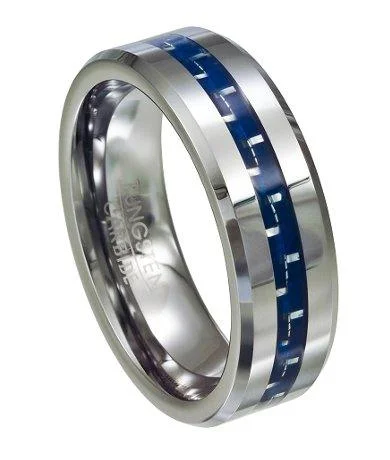 Men's thumb rings with a wide bandTungsten and Blue Carbon Fiber Polished Ring with Beveled Edge | 8mm Men's thumb rings with a wide bandTungsten and Blue Carbon Fiber Polished Ring with Beveled Edge | 8mm