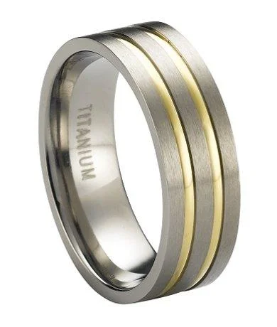Men's amethyst - filled rings for a purple eleganceSatin-Finished Titanium Wedding Ring with Two Gold Plated Bands | 8mm Men's amethyst - filled rings for a purple eleganceSatin-Finished Titanium Wedding Ring with Two Gold Plated Bands | 8mm
