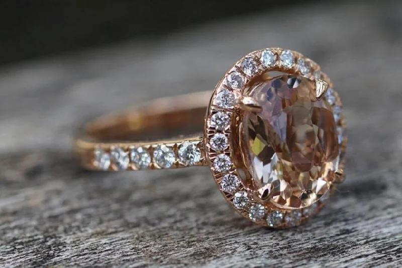 Men's beaded rings with semi - precious stones18k Rose Gold Oval Morganite Peach Beige Diamond Halo Engagement Ring Vintage 10x7mm Men's beaded rings with semi - precious stones18k Rose Gold Oval Morganite Peach Beige Diamond Halo Engagement Ring Vintage 10x7mm