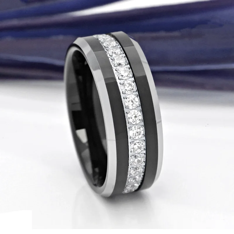 Statement - Making Cocktail Rings for Women with Large Cubic Zirconia8MM - TUNGSTEN WEDDING BAND Polished Edges CUBIC ZIRCON BEVELED EDGE Statement - Making Cocktail Rings for Women with Large Cubic Zirconia8MM - TUNGSTEN WEDDING BAND Polished Edges CUBIC ZIRCON BEVELED EDGE