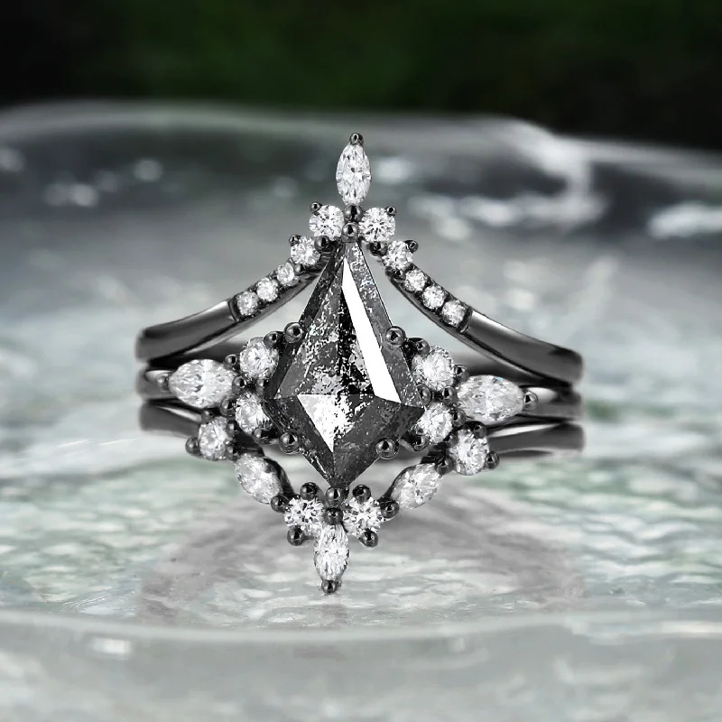 Cathedral - Style Women's Diamond Rings with a Raised Center Setting and Elaborate MetalworkKite Cut Salt and Pepper Diamonds Ring Set 3pcs - Kinsley Cathedral - Style Women's Diamond Rings with a Raised Center Setting and Elaborate MetalworkKite Cut Salt and Pepper Diamonds Ring Set 3pcs - Kinsley