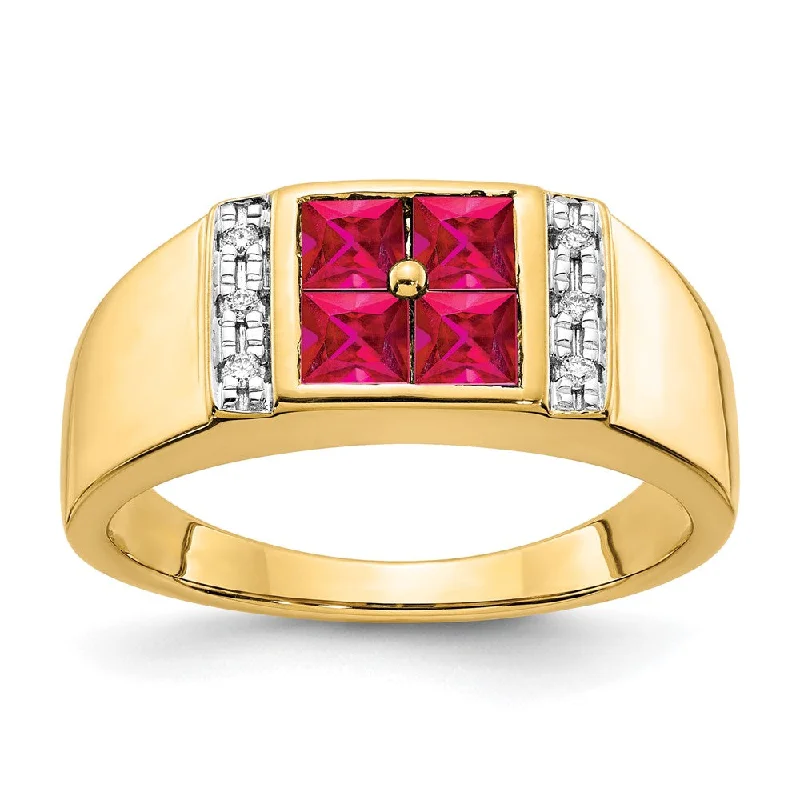 Men's glow - in - the - dark rings for a fun effect14K Yellow Gold Created Ruby and Diamond Mens Ring