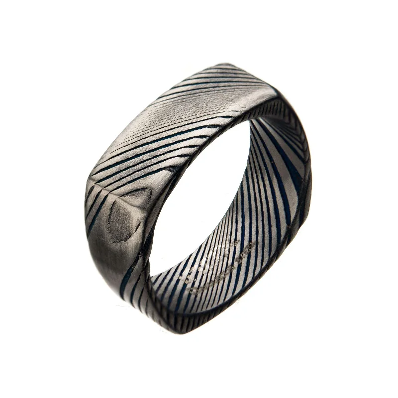Men's skull - shaped rings for a gothic styleDamascus 8mm Matte Water Print Plated Square Ring Men's skull - shaped rings for a gothic styleDamascus 8mm Matte Water Print Plated Square Ring