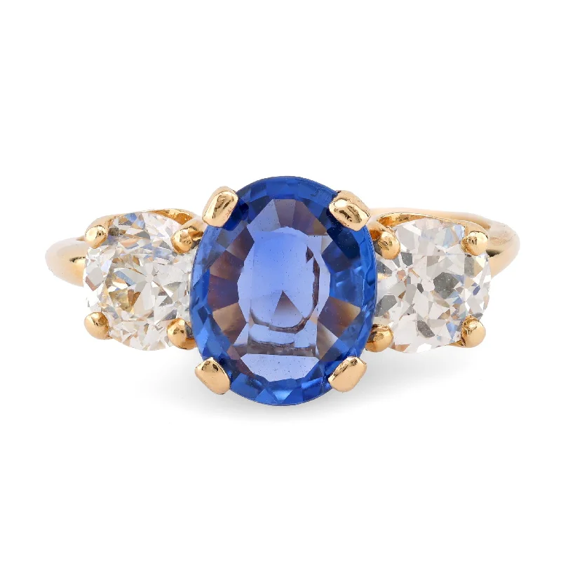 Vintage - style engagement ring with filigree details and sapphire accents in 14K yellow goldAntique GIA 2.04 Carat No Heat Sapphire Diamond 18K Yellow Gold Three Stone Ring Vintage - style engagement ring with filigree details and sapphire accents in 14K yellow goldAntique GIA 2.04 Carat No Heat Sapphire Diamond 18K Yellow Gold Three Stone Ring