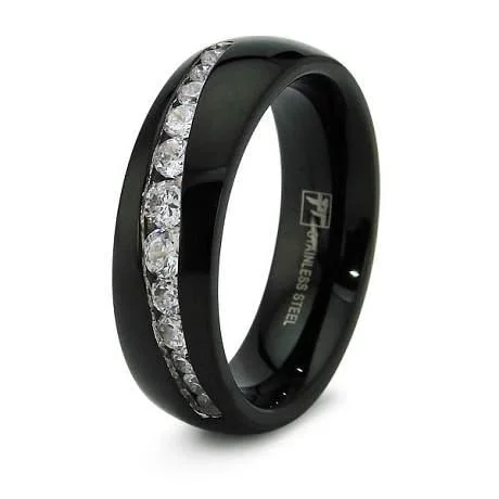 Men's hematite - ring for a metallic gray lusterBlack Stainless Steel Wedding Band with 12 CZ's - 7mm Men's hematite - ring for a metallic gray lusterBlack Stainless Steel Wedding Band with 12 CZ's - 7mm