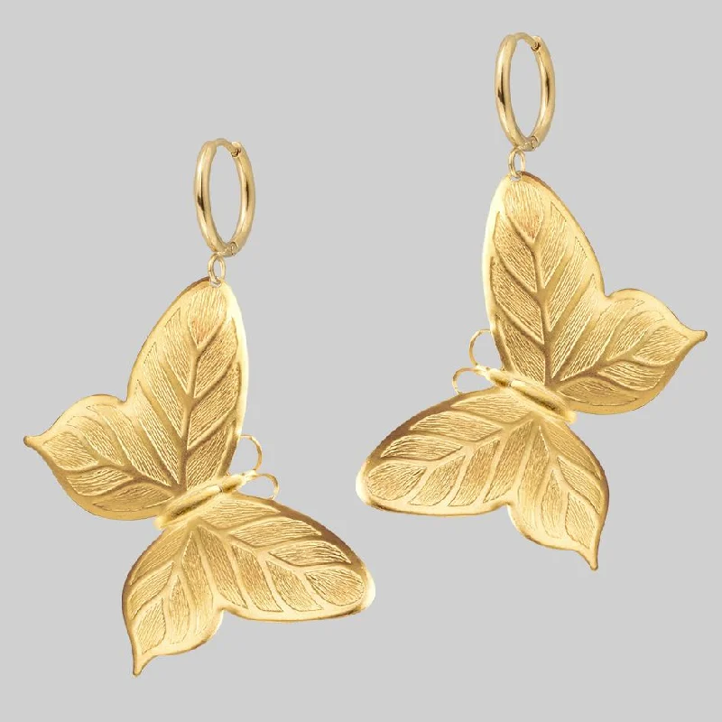 Hypoallergenic hoop earringsNEW DAWN. Huge Butterfly Hoop Earrings - Gold