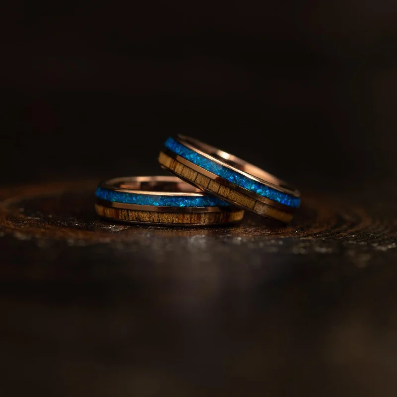 Women's Rings with Birthstones for a Personalized Touch"Dionysis" Womens Tungsten Carbide Ring- Smoked Rose Gold X Blue Opal- 5mm Women's Rings with Birthstones for a Personalized Touch"Dionysis" Womens Tungsten Carbide Ring- Smoked Rose Gold X Blue Opal- 5mm