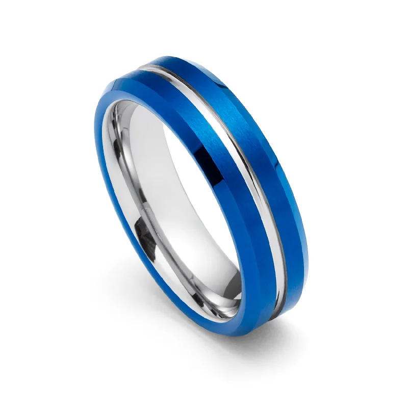 Magnetic Clasp Women's Rings for Easy Wearing and Removal6mm - Blue & Silver Tungsten Carbide Ring - Grooved Beveled Edges - Wedding Band Magnetic Clasp Women's Rings for Easy Wearing and Removal6mm - Blue & Silver Tungsten Carbide Ring - Grooved Beveled Edges - Wedding Band