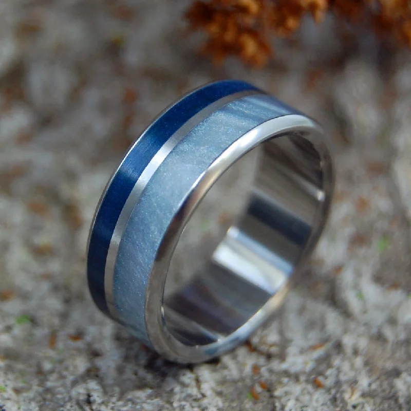 Men's tungsten carbide rings with a brushed textureFog Rising | Men's Gray Pearl, Aqua Resin & Titanium Wedding Ring