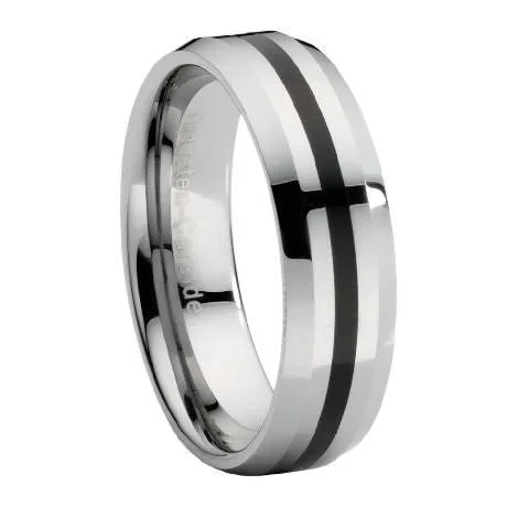 Men's ruby - adorned rings for a bold red colorBeveled Edge Tungsten Ring with Black Enamel Stripe -8mm Men's ruby - adorned rings for a bold red colorBeveled Edge Tungsten Ring with Black Enamel Stripe -8mm