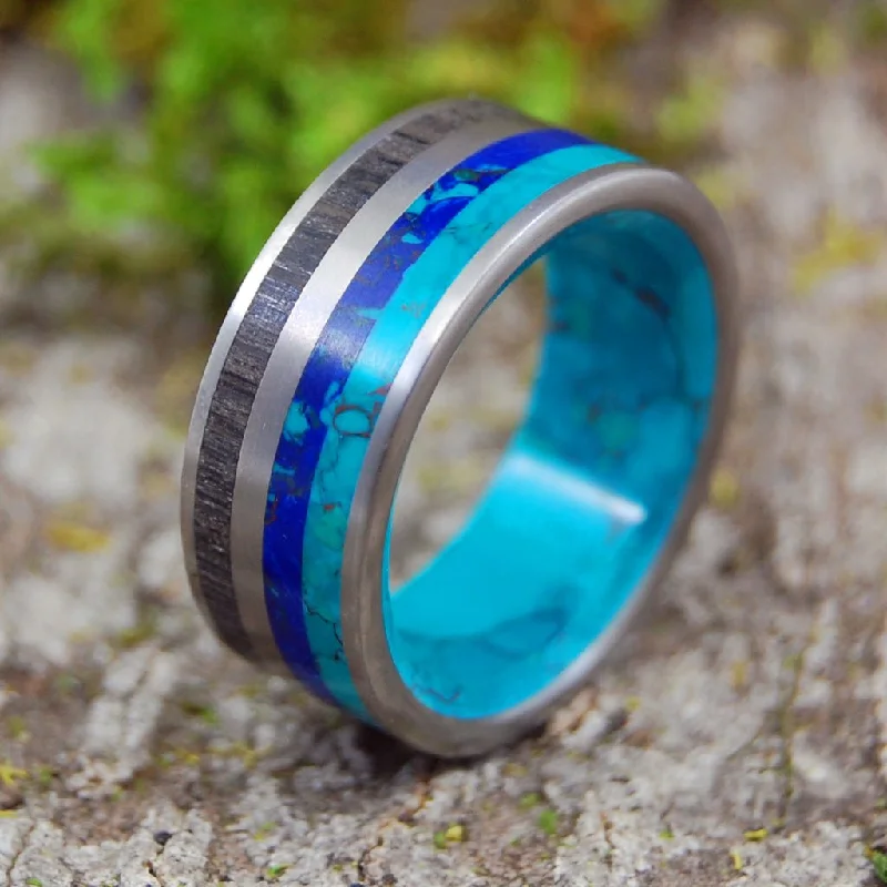 Men's pinky rings with a small gemstoneBog & Stone | Men's Bog Oak Wood, Chrysocolla & Titanium Wedding Ring