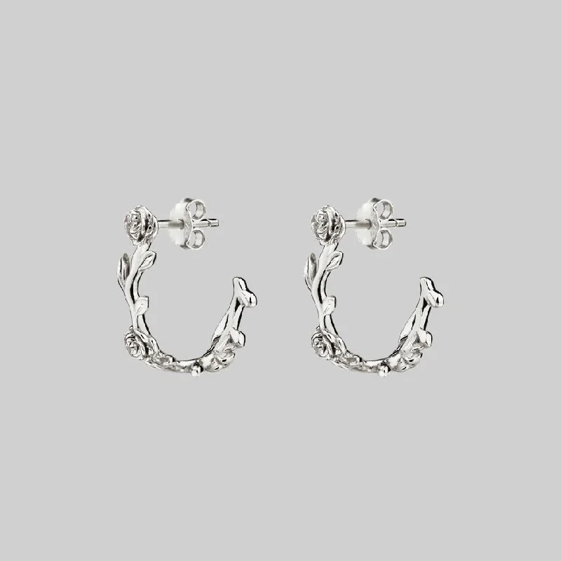 Huggie hoop earringsSARAH. Rose Foliage Hoops - Silver