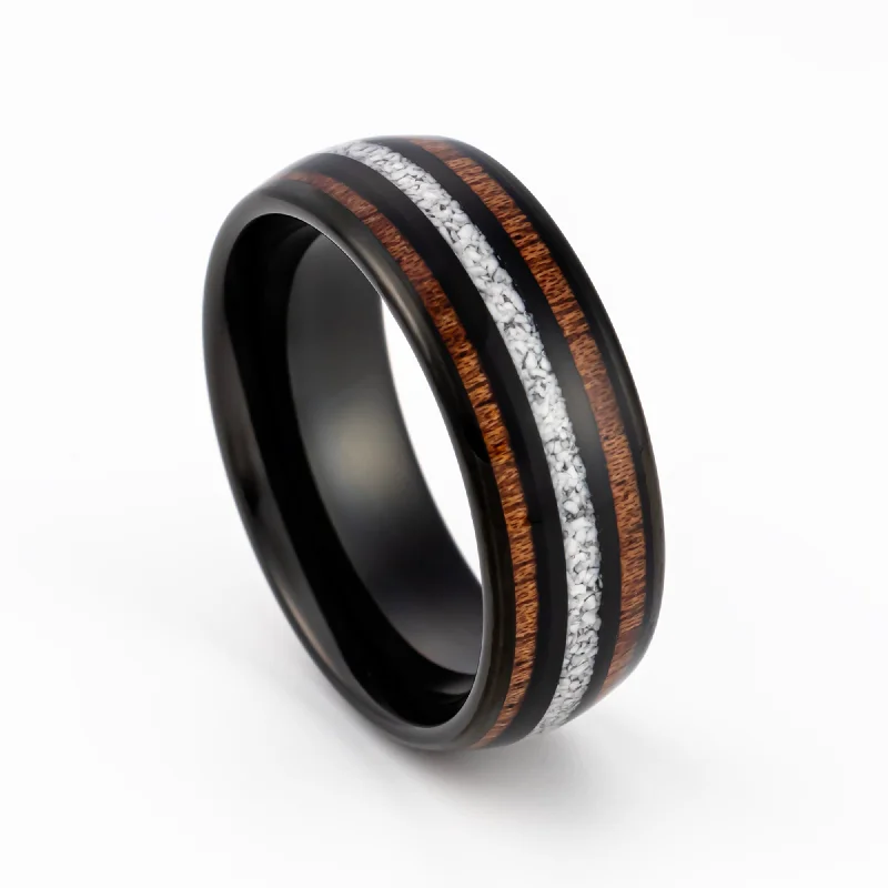 Diamond - Encrusted Women's Rings for Special Occasions in 18K Gold8mm Tungsten Ring W/ Double Barrel Real Koa Wood & Crushed White Turquoise Inlay Diamond - Encrusted Women's Rings for Special Occasions in 18K Gold8mm Tungsten Ring W/ Double Barrel Real Koa Wood & Crushed White Turquoise Inlay