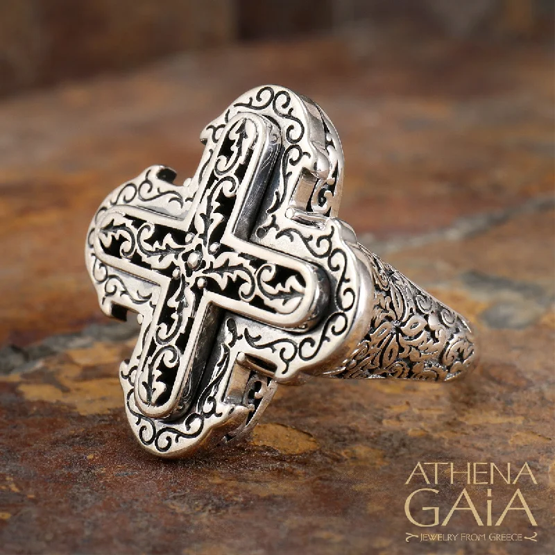 Gothic - Style Women's Rings with Black Onyx and Silver SkullsDouble Greek Cross Ring Gothic - Style Women's Rings with Black Onyx and Silver SkullsDouble Greek Cross Ring