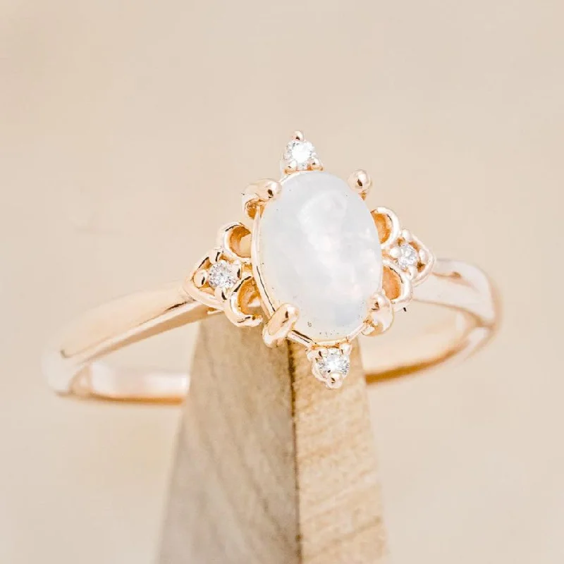 Men's Opal Engagement Rings in 10K Gold with a Milgrain - Trimmed Band"ZELLA" - OVAL CABOCHON CUT WHITE OPAL ENGAGEMENT RING WITH DIAMOND ACCENTS