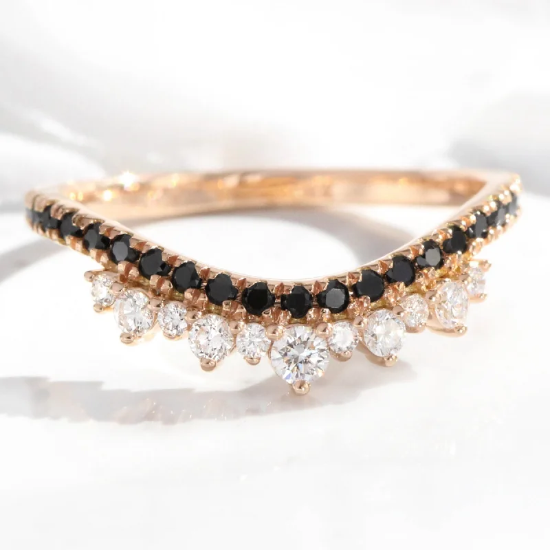 Marquise - Cut Women's Diamond Rings in Palladium for a Unique and Elongated ShapeCrown White and Black Diamond Ring in Curved Contour Pave Band Marquise - Cut Women's Diamond Rings in Palladium for a Unique and Elongated ShapeCrown White and Black Diamond Ring in Curved Contour Pave Band
