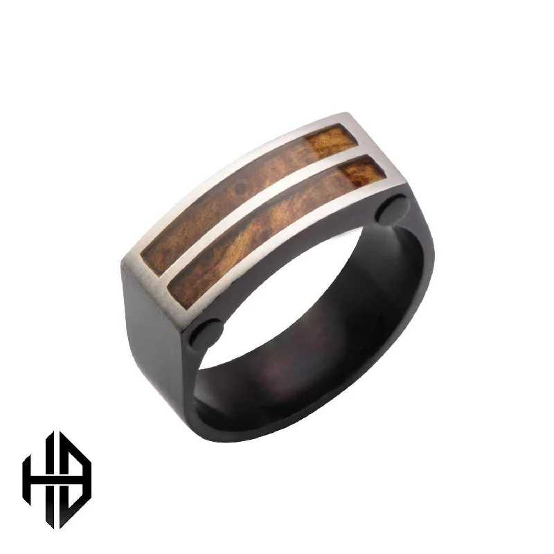 Men's cross - shaped rings for a religious statementHollis Bahringer Black Plated with Inlayed Palisander Rose Wood Ring Men's cross - shaped rings for a religious statementHollis Bahringer Black Plated with Inlayed Palisander Rose Wood Ring