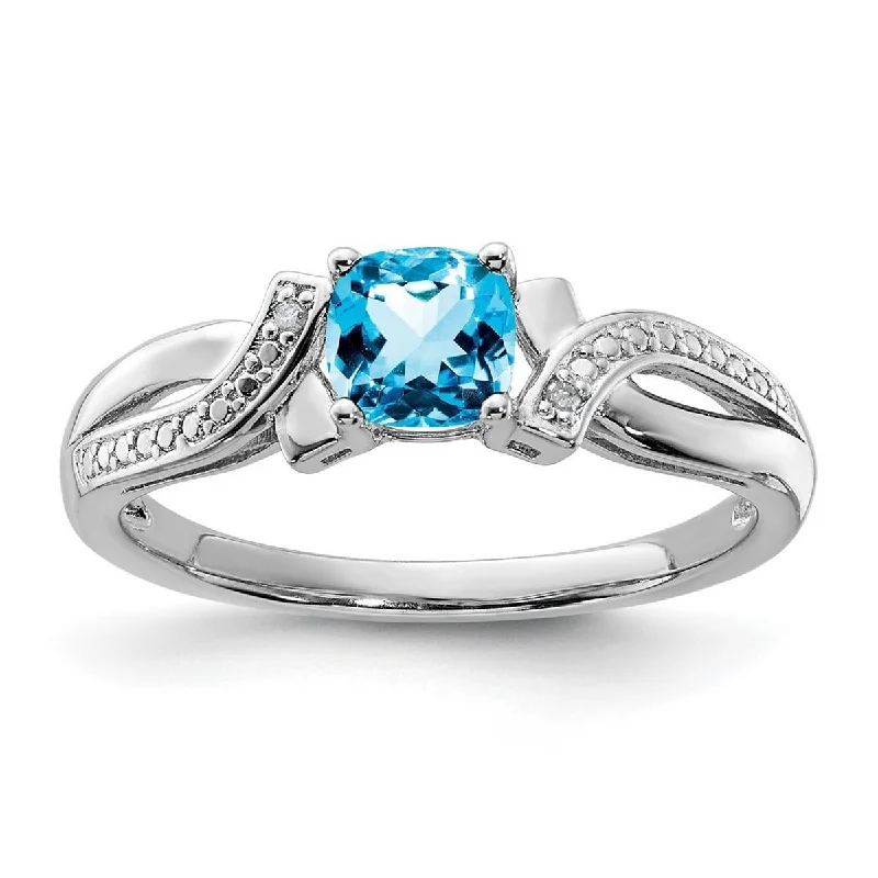 Cathedral - Style Women's Diamond Rings with a Raised Center Setting and Elaborate MetalworkCurata 925 Sterling Silver Polished Open back Light Swiss Blue Topaz and Diamond Ring