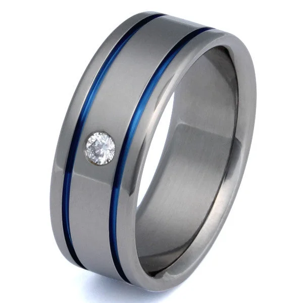 Titanium Rings with a Diamond - Cut Edge for Extra SparkleTitanium Diamond Ring with Blue Inlays s2 Titanium Rings with a Diamond - Cut Edge for Extra SparkleTitanium Diamond Ring with Blue Inlays s2