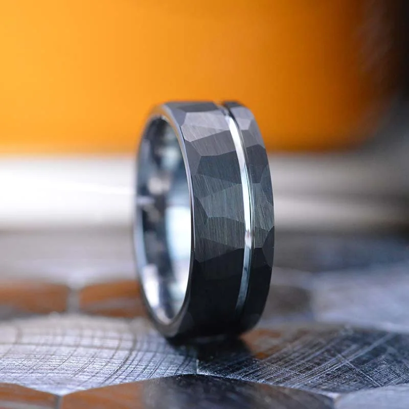 Men's kinetic rings with moving partsBlack Hammered Brushed Tungsten Carbide Ring with Silver Strip Men's kinetic rings with moving partsBlack Hammered Brushed Tungsten Carbide Ring with Silver Strip