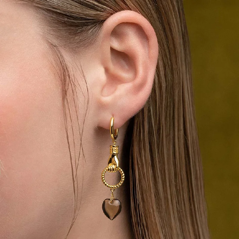 Beaded hoop earringsUNITE. Hand Grasping Smoke-Black Glass Heart Earrings - Gold