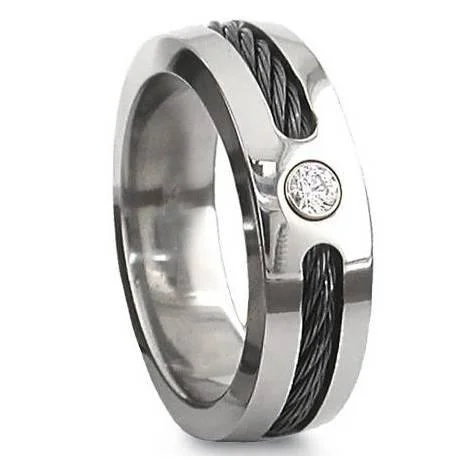 Men's lightweight rings for all - day comfortMen's Titanium Black Cable Ring with Polished Finish and CZ-7mm Men's lightweight rings for all - day comfortMen's Titanium Black Cable Ring with Polished Finish and CZ-7mm