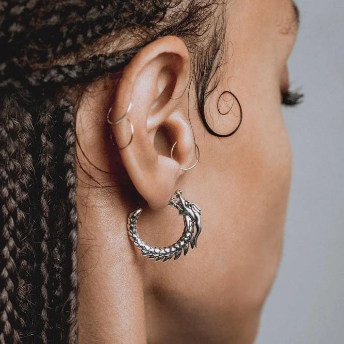 Lightweight hoop earringsDRAKE. Dragon Hoop Earrings - Silver