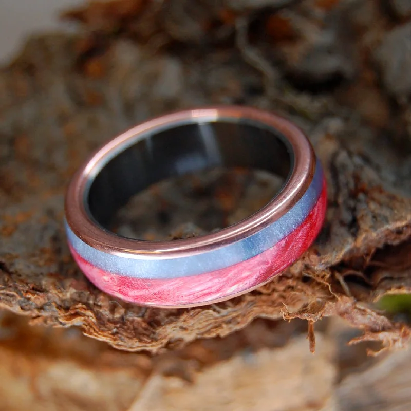 Men's thumb rings with a wide bandBog At Sunset | Men's Gray Marbled Opalescent, Red Box Elder, Copper & Titanium Wedding Ring