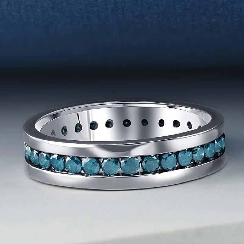Cathedral - Style Women's Diamond Rings with a Raised Center Setting and Elaborate Metalwork1 1/5ct Blue Diamond Channel Set Eternity Ring White Gold Comfort Fit