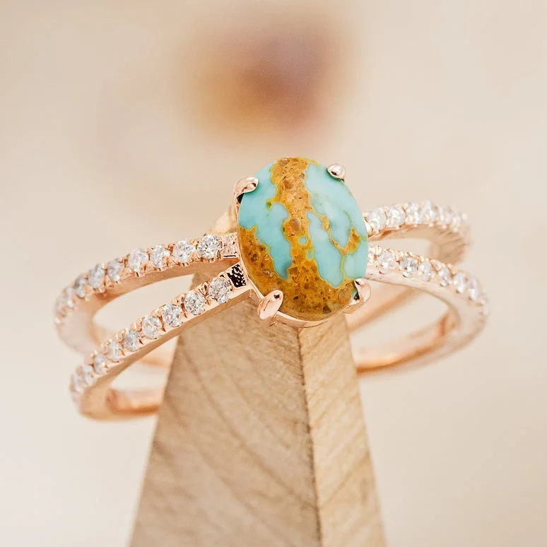 Men's Aquamarine Engagement Rings in 9K Gold with a Bezel - Set Stone"ANASTASIA" - OVAL CABOCHON CUT TURQUOISE ENGAGEMENT RING WITH DIAMOND ACCENTS Men's Aquamarine Engagement Rings in 9K Gold with a Bezel - Set Stone"ANASTASIA" - OVAL CABOCHON CUT TURQUOISE ENGAGEMENT RING WITH DIAMOND ACCENTS