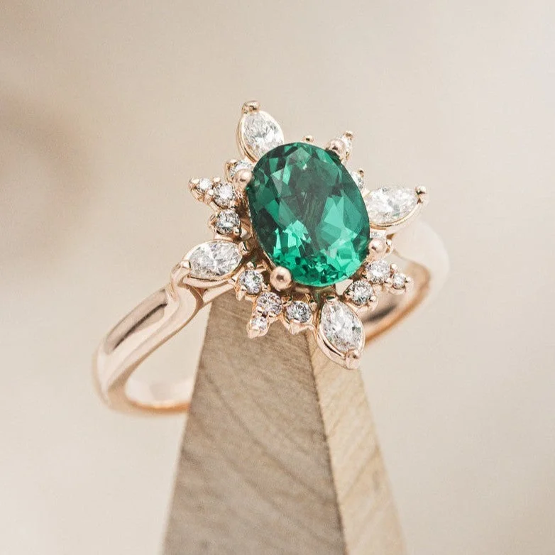 Men's Turquoise Engagement Rings in 925 Silver with a Southwestern - Inspired Band"AZALEA" - OVAL LAB-GROWN EMERALD ENGAGEMENT RING WITH DIAMOND HALO Men's Turquoise Engagement Rings in 925 Silver with a Southwestern - Inspired Band"AZALEA" - OVAL LAB-GROWN EMERALD ENGAGEMENT RING WITH DIAMOND HALO
