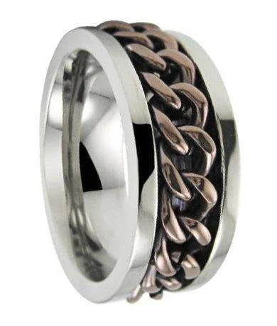 Men's kinetic rings with moving partsMen’s Titanium Spinner Ring with Bronze Tone Chain and Polished Finish | 8mm