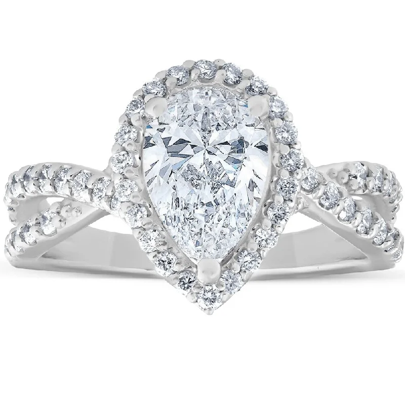 Cluster - Style Women's Diamond Rings with Multiple Small Diamonds Arranged in a Stunning Pattern1.60Ct Pear Shape Halo Diamond Twist Engagement Ring 14k White Gold Cluster - Style Women's Diamond Rings with Multiple Small Diamonds Arranged in a Stunning Pattern1.60Ct Pear Shape Halo Diamond Twist Engagement Ring 14k White Gold
