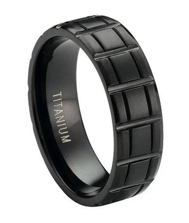 Men's ruby - adorned rings for a bold red colorMatte-Finished Black Titanium Ring with Vertical Bar Pattern | 8mm Men's ruby - adorned rings for a bold red colorMatte-Finished Black Titanium Ring with Vertical Bar Pattern | 8mm