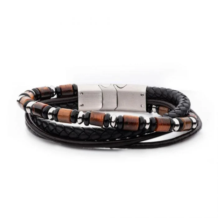 Men's stainless - steel promise rings with a matte finishBlack & Brown Leather with Black Onyx & Tiger's Eye Stone Bead Multi-Strand Bracelet Men's stainless - steel promise rings with a matte finishBlack & Brown Leather with Black Onyx & Tiger's Eye Stone Bead Multi-Strand Bracelet