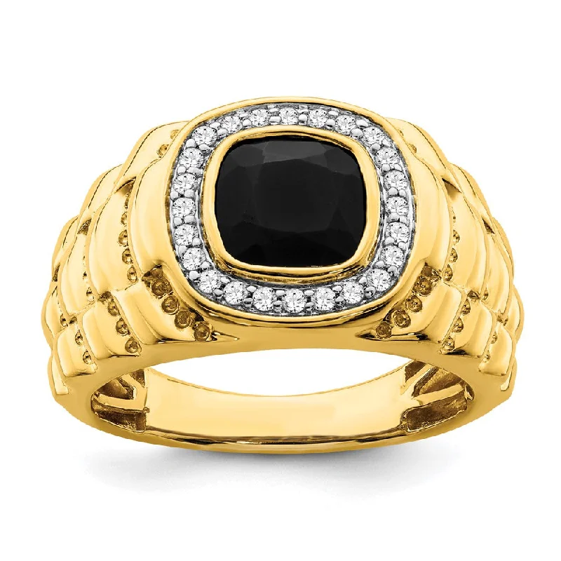 Men's adjustable - size rings for a perfect fit14k Yellow Gold Onyx and Diamond Textured Mens Ring